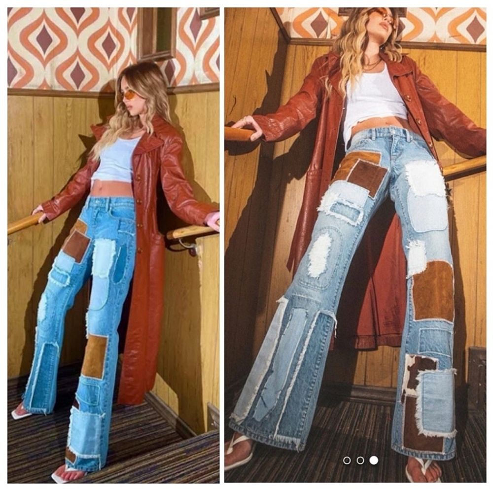 REVICE Denim with Brown and Cream Patchwork Wide Leg Jeans NWOT